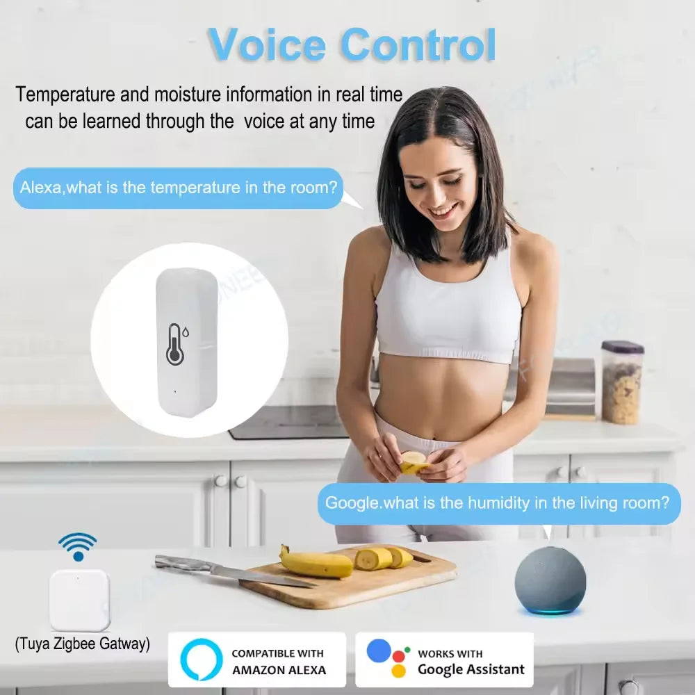 Zigbee Smart Temperature Humidity Sensor Indoor Hygrometer Controller Monitoring Work with Smart Speaker Alexa Google Home