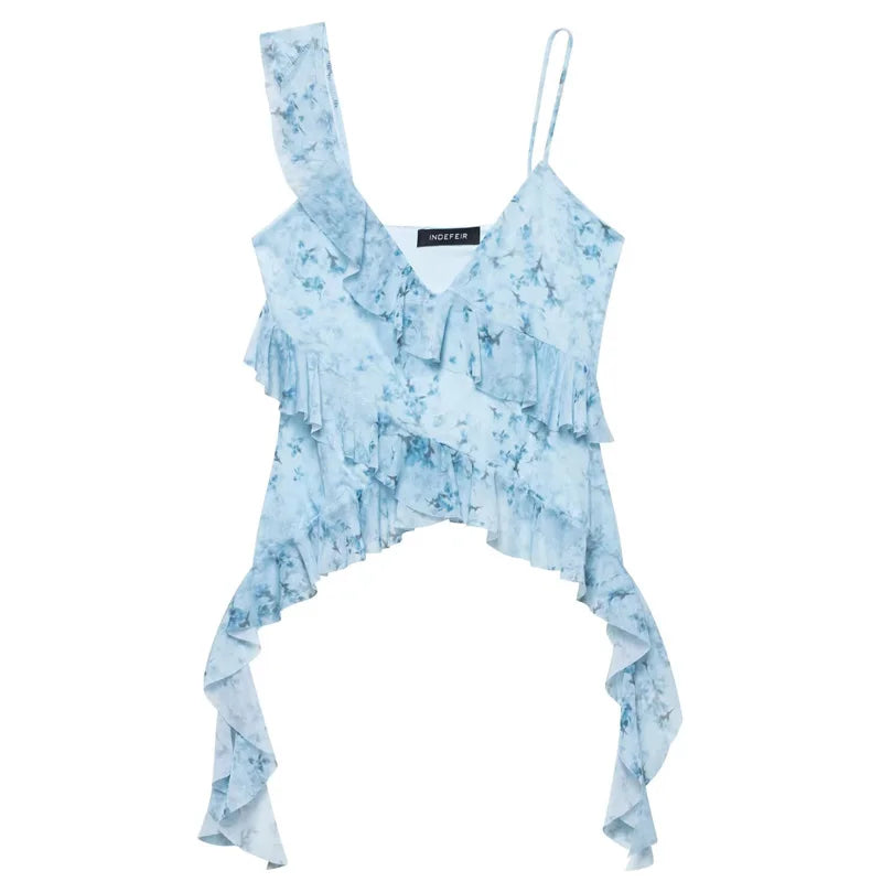 HXAO Leopard Mesh Top Women Tanks & Camis Summer 2025 Sexy Layered Sleeveless Tops For Woman Ruffled Backless Tulle Camisole 066