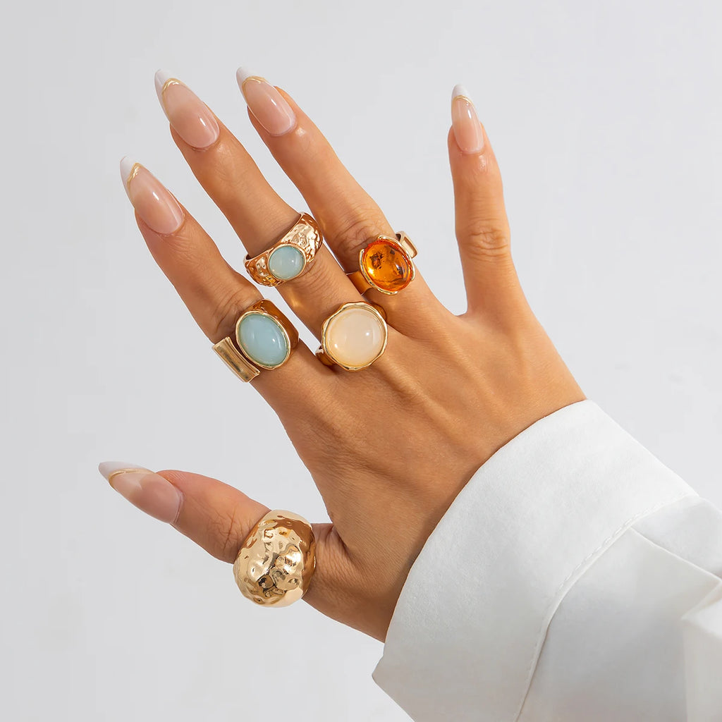 Ingemark 5Pcs/Set Retro Gold Color Irregular Metal Ring for Women Bohemian Open Adjustable Wide Ring Aesthetic Y2K Jewelry Gift