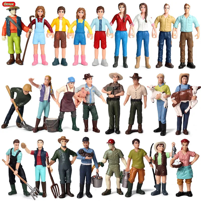 Oenux New Farmer People Model Simulation Farm Staff Feeder Action Figures Pig Animals Figurine Miniature Lovely Toys For Kids