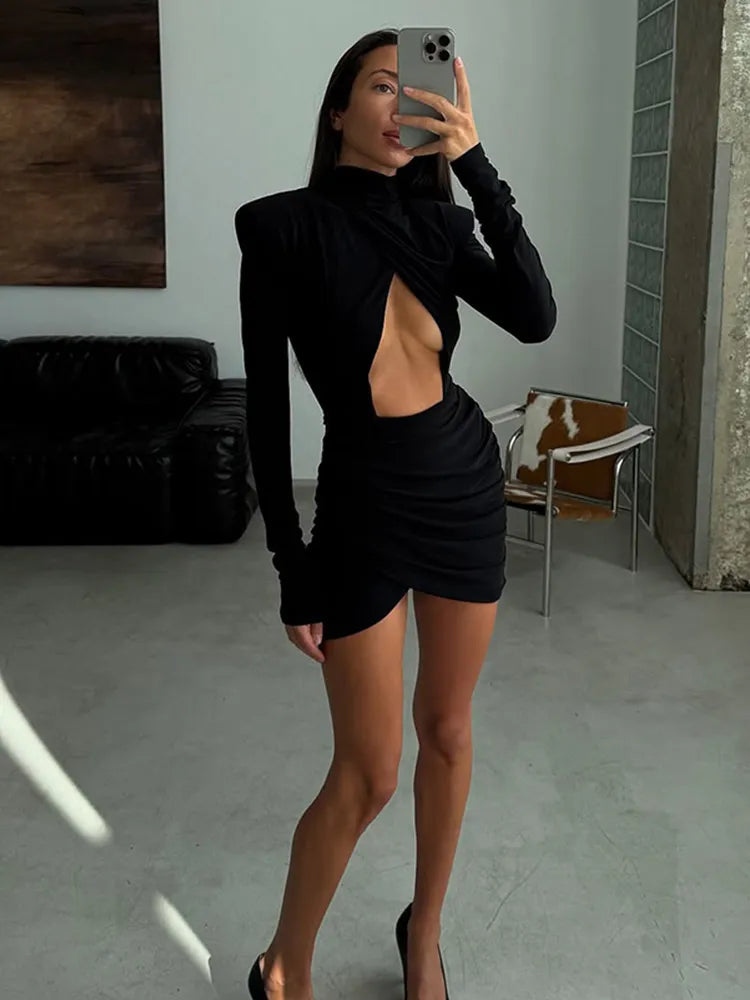 Women Black Cinched-waist Mini Dress Casual V-neck Elegant Shoulder Pads  Long Sleeve Short vestido Lady Chic Party Street Gowns
