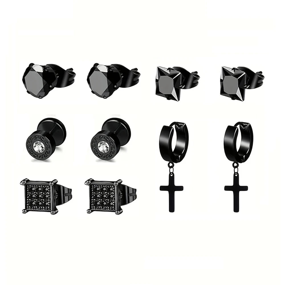 5 Pairs Stainless Steel Earrings Cross Dangle Hinged Earrings, Cubic Zirconia Stud Earrings For Men, Ear Piercing Jewelry