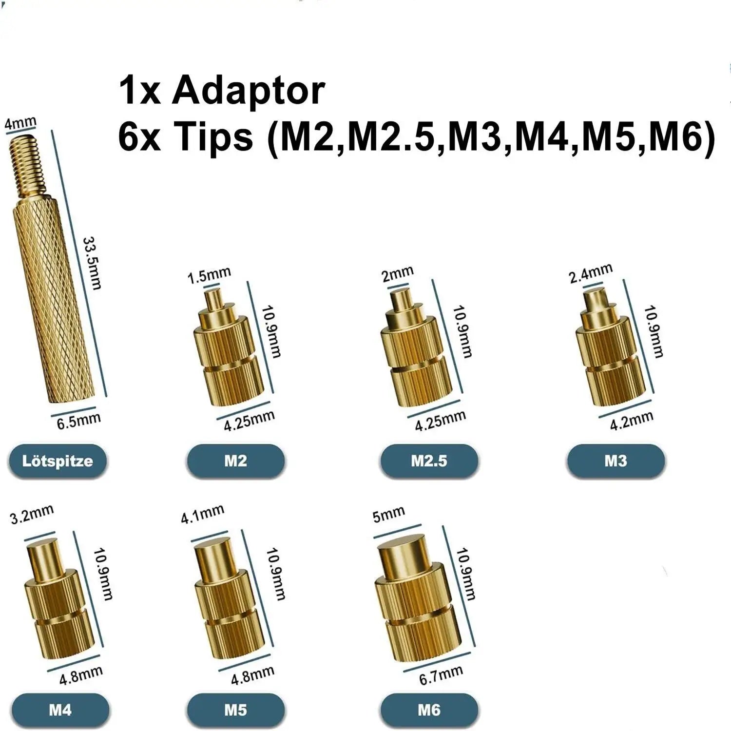 Heat Embedded Nuts Adaptors M2 M2.5 M3 M4 M5 M6 Head Insertion Tips Kit For 936 Soldering Iron Pen