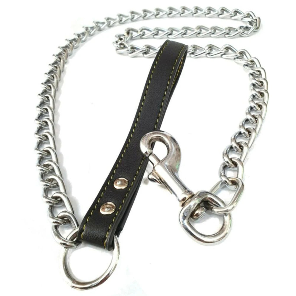 Metal Chain Dog Lead with Leather Style Handle Strong Control Leash Iron Dog Pets Supplies Collars Harnesses Chain Traction Rope