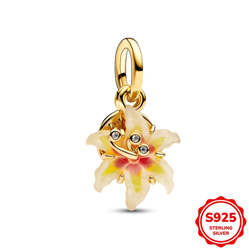 Charms plata de ley Disney Gold Plated Lily Flower Pendant Beads Fits 3mm Bracelets Necklace For Women Luxury DIY Fine Jewelry