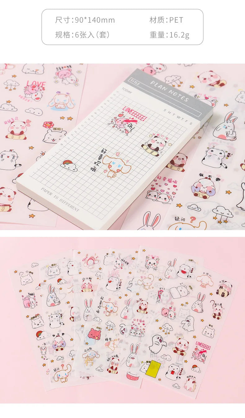 6Pcs/Lot Waterproof Cartoon Transparent Pvc Stickers DIY Hand Account Diary Decorative Stickers Kawaii Phone Cup Stickers