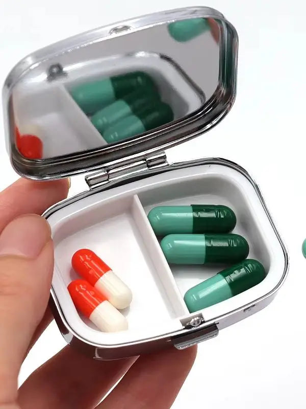 Lucky Catch Sardines Print Metal Pill Box, Portable 2-Compartment Travel Pill Organizer for Vitamins & Pills