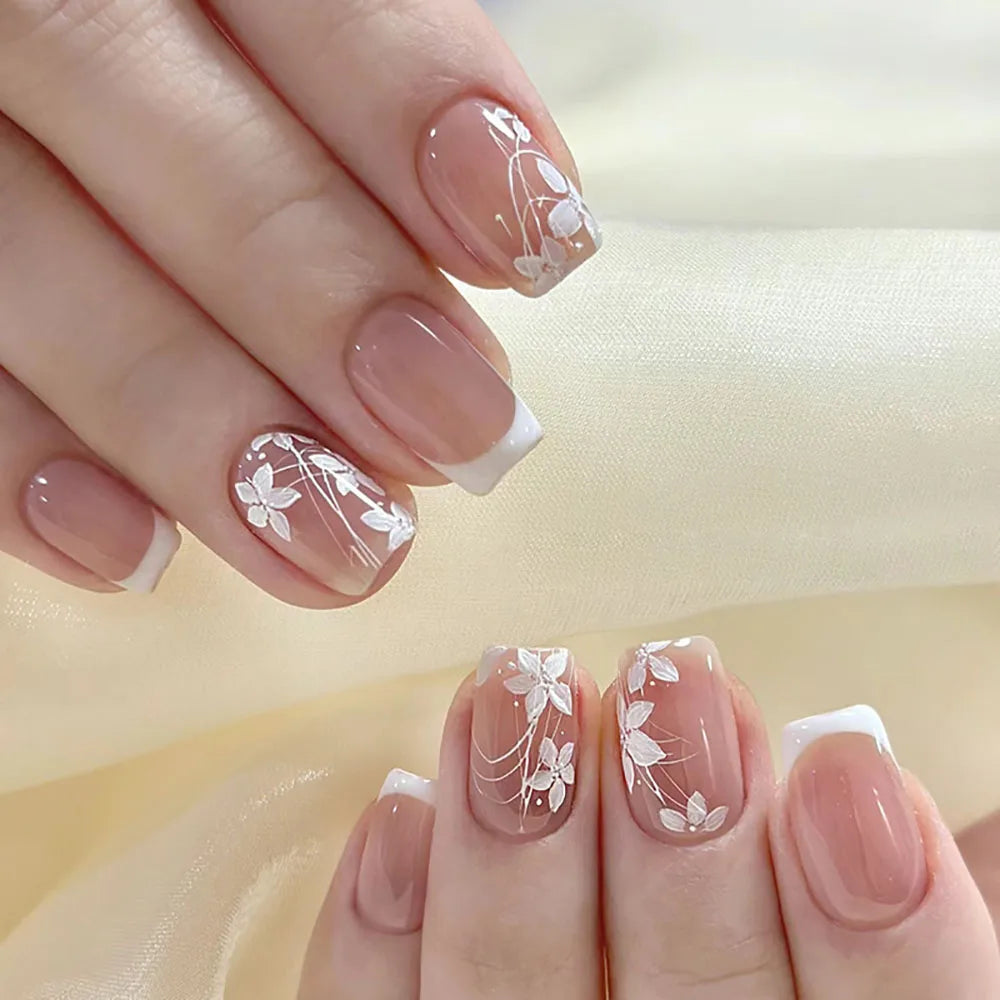 24pcs/set short saure fake nails for Spring summer season french style flowers butterfly design press on false nail art tips