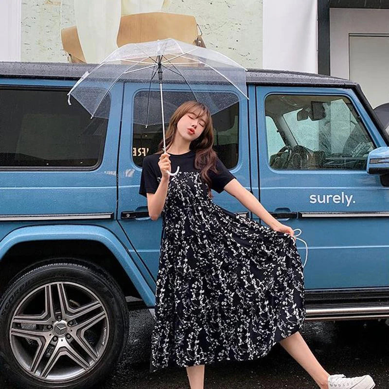 Women's T-shirt Fake two Pcs Korean style Summer Dress Mid-Length Floral Printed Boho Casual Daily Chiffon floral black Dress