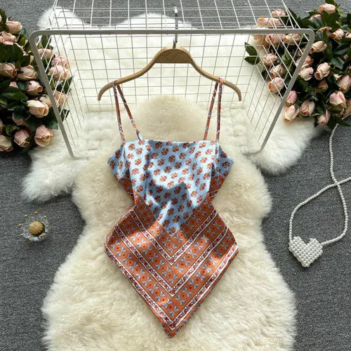 Women Sexy Backless asymmetrical lace-up Camis Print Tank Top Chic One-piece Corset Bustier Summer Beach vacation Crop Top