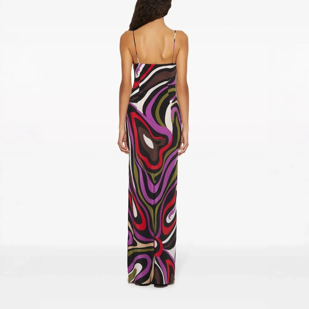 Women's Spaghetti Strap Dress Irregular Color Print Sexy V-neck Backless Slim Slit Long Dresses Summer Party Commuting Vestidos