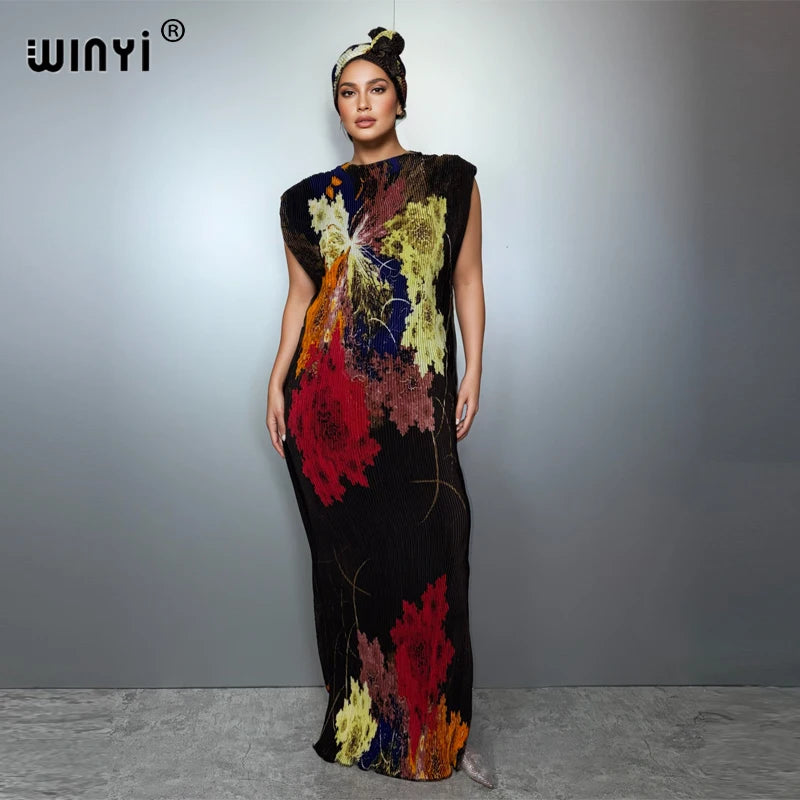 WINYI Pleated elastic slim dress Women crumple Design Pleated luxury abaya muslim party dress poncho for women beach wear kaftan
