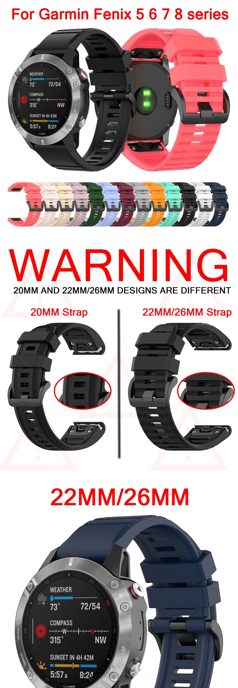 20 22 26mm Silicone Strap for Garmin Fenix 6 6X Pro 6S 7S 7 7X 5S 5 5X Plus 965 Epix Pro Gen2 47 51mm Watchband QuickFit Correa