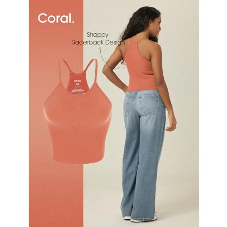 ODODOS Women's Crop 3-Pack Seamless Rib-Knit Camisole Crop Tank Tops