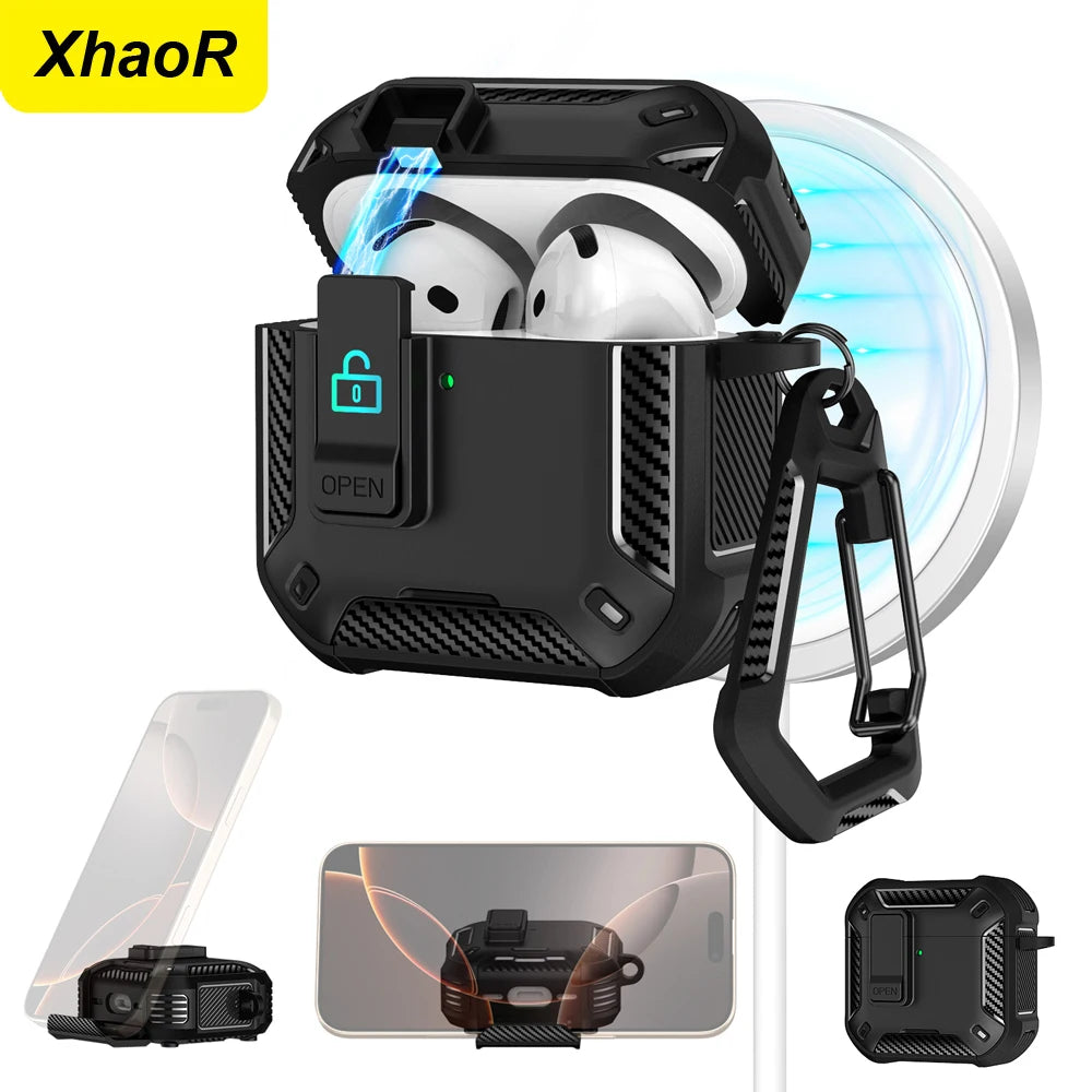 Magnetic Automatic Switch Earphone Cover For Airpods Pro 2 4 ANC Case Full Body Protection Shockproof With Hook Phone Holder Box