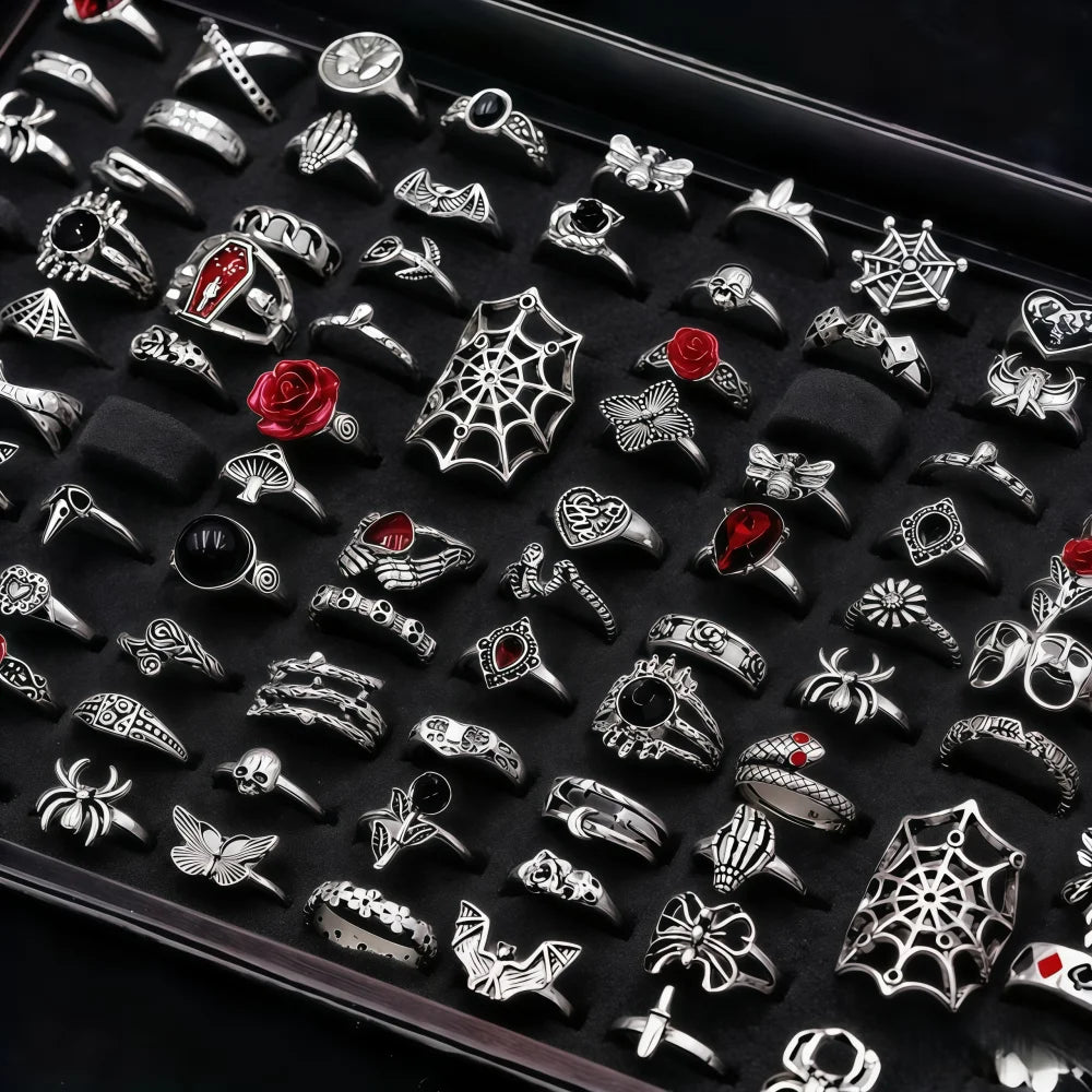 10/20/30/50/100Pieces Vintage Punk Skull Eye Rings Set For Women Men Mix Style Hip Hop Finger Ring Jewelry Party Gift