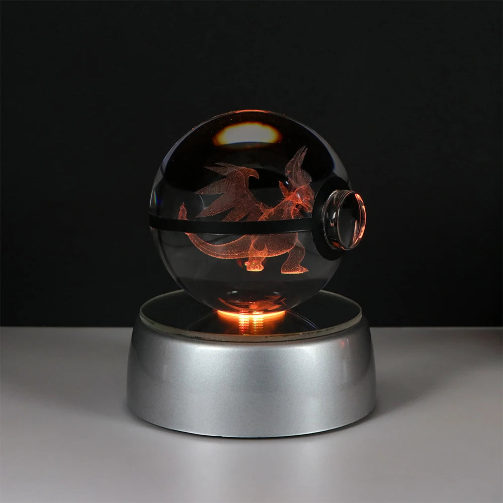 Pokemon 3D Crystal Ball Pikachu Figure Pokeball Engraving Crystal Charizard Model with Led Light Base Toys Anime Christmas Gift