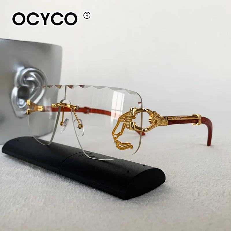 Trend Golden Lion Decoration Rimless Sunglass for Men Luxury Brand Designer Vintage Square Eyewear UV400 Outdoor Cycling Shades