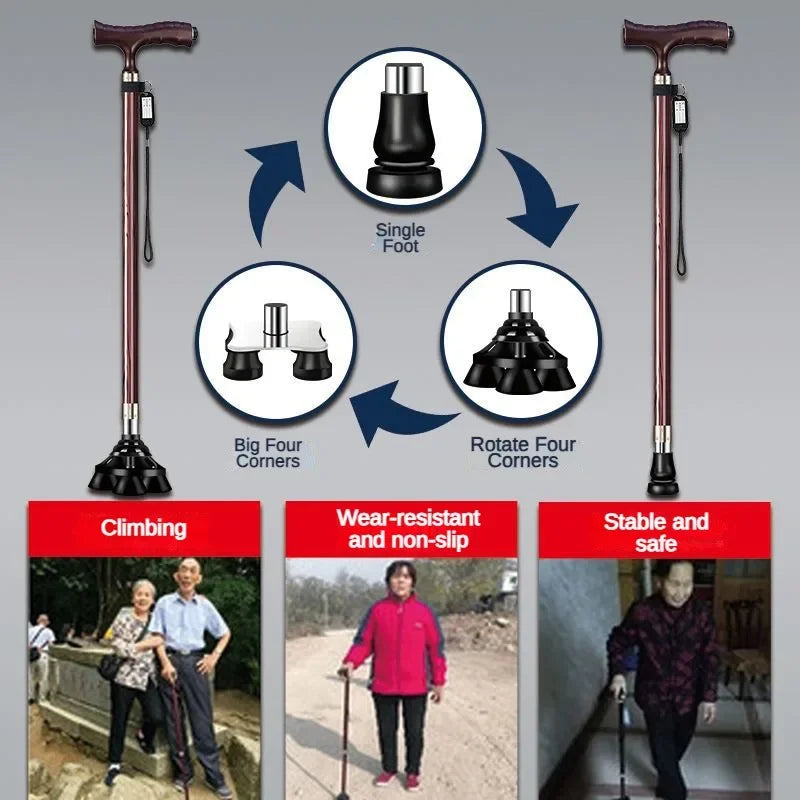 LED Light Non-Slip Elderly Walking Sticks Aluminum Alloy Multifunctional Crutch with Big Four Feet for Old Men