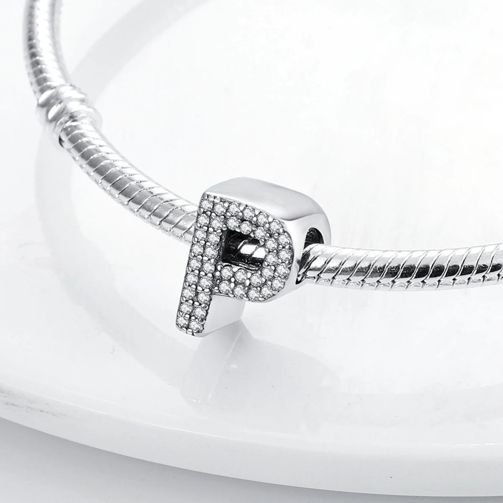 Original 925 Sterling Silver 26 Alphabet Letters Sparkling Zircon Charms Pendant Beads For Women Fine DIY Birthday Jewelry Gifts