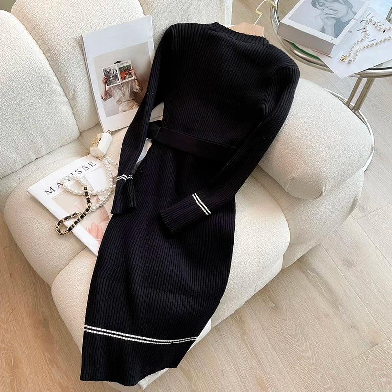 YuooMuoo 2025 Autumn Winter Women Knitted Dress Brand Fashion O-neck Buttons Bodycon Sweater Dress with Belt Lady Office Dress