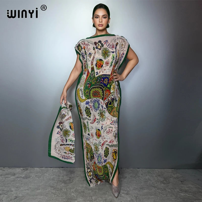 WINYI Pleated elastic slim dress Women crumple Design Pleated luxury abaya muslim party dress poncho for women beach wear kaftan