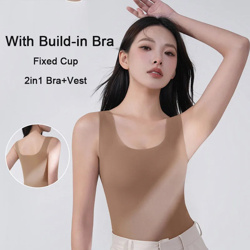 M-2XL Ice Silk Seamless One-piece Bottoming Tank Tops with Chest Pads Women Inner Outerwear Wide Shoulder Sleeveless Tops