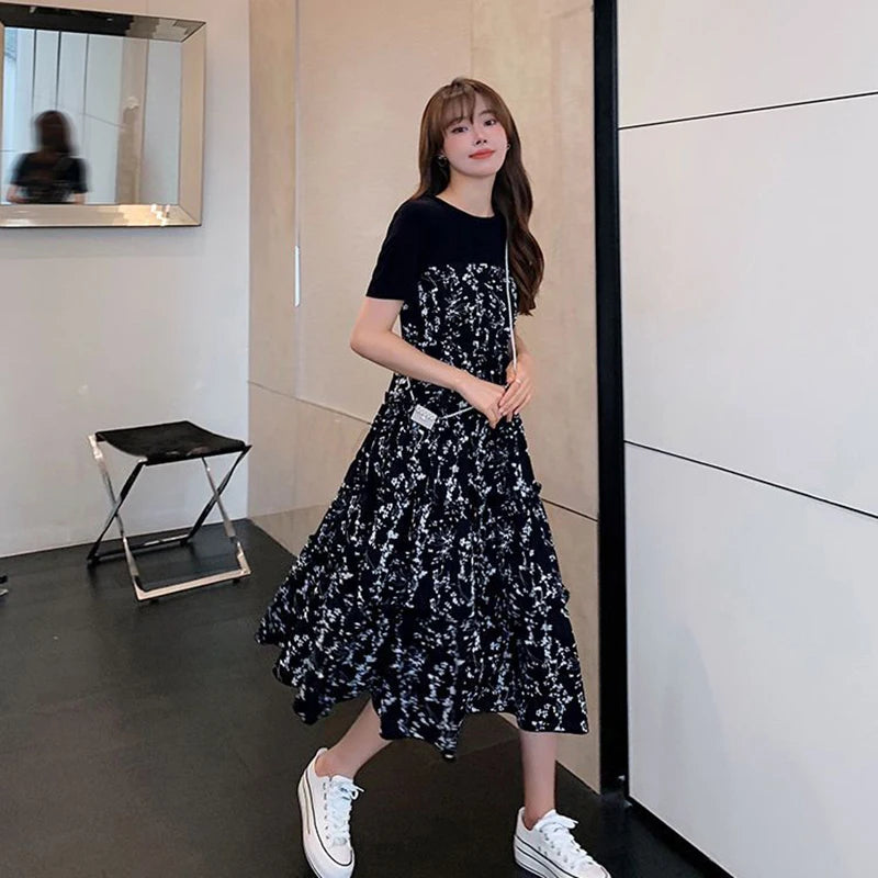Women's T-shirt Fake two Pcs Korean style Summer Dress Mid-Length Floral Printed Boho Casual Daily Chiffon floral black Dress
