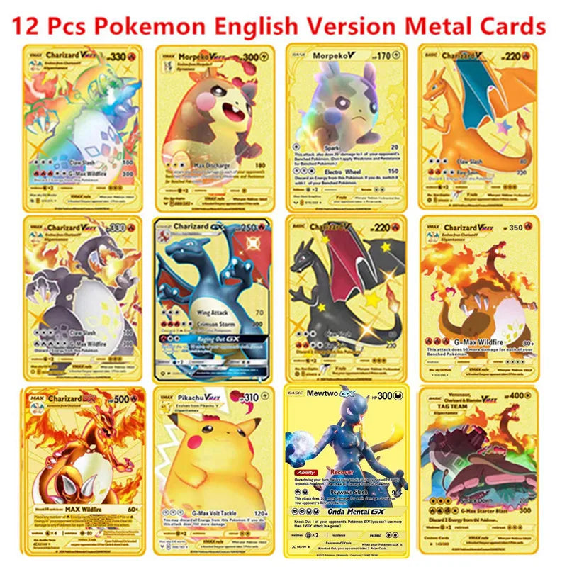 6-12 Pcs/Set  English Version Pokemon Metal Card Pikachu Anime Figure Battle Carte Trading Pocket Monster Cards Model Toy Gifts