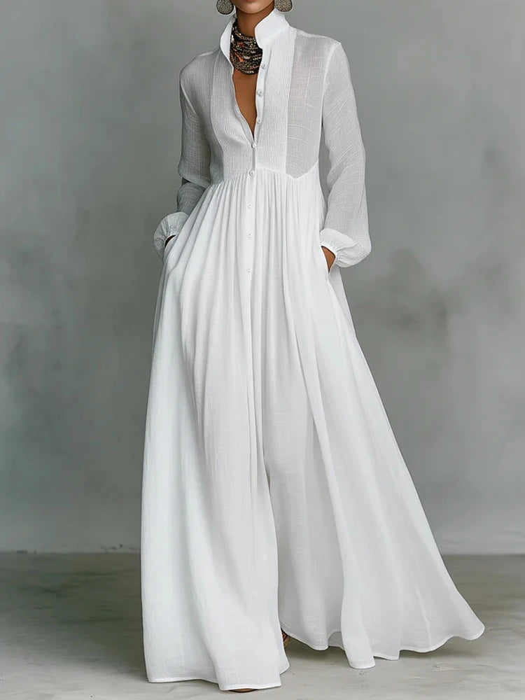 Elegant Stand Collar Long Sleeve Party Dress, Women 2026 New Spring Solid Casual Dresses, Single Breasted Ladies Pocket Dresses