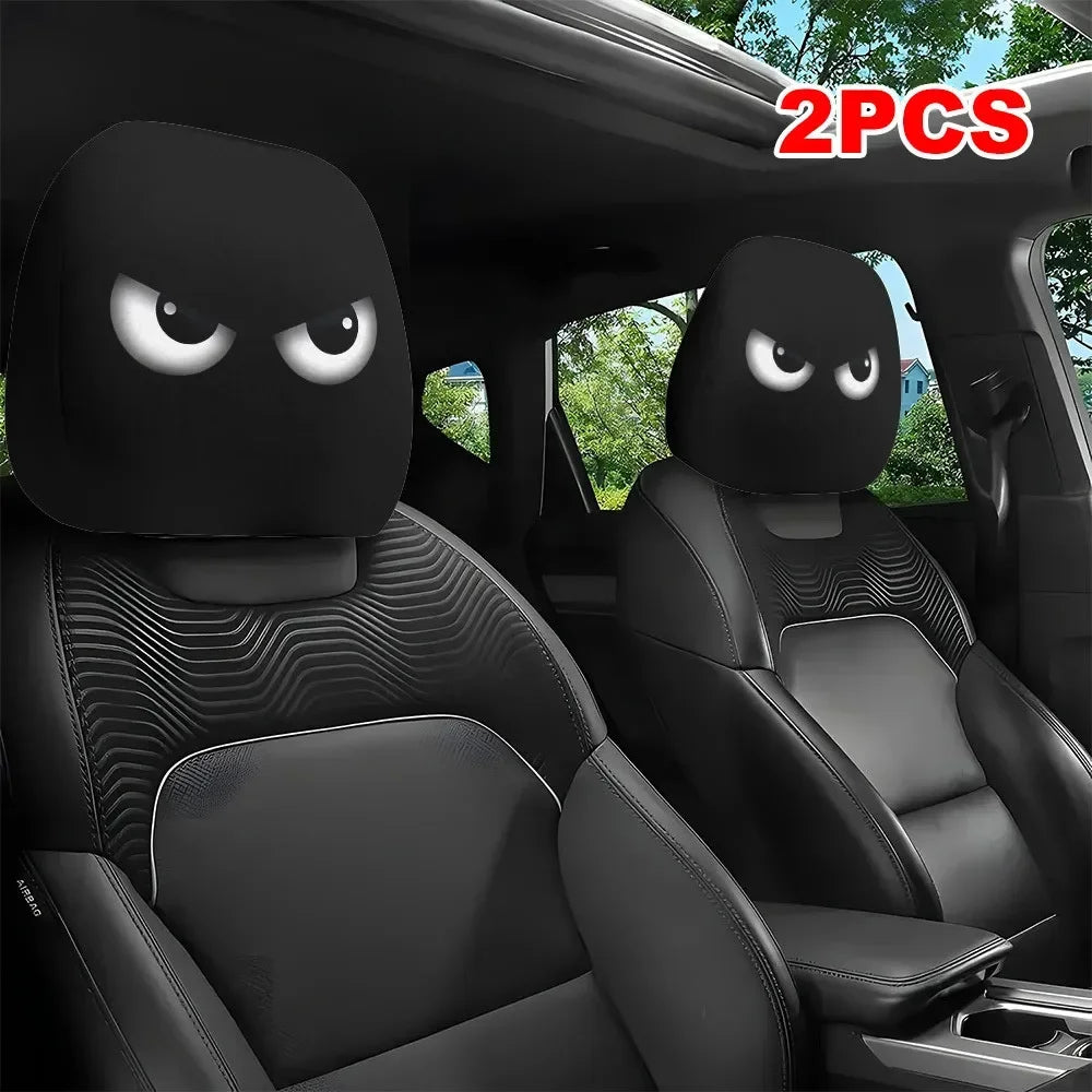 2PCS Funny Slanted Eyes Car Headrest Covers, Cartoon Face Elastic Protector for Halloween Christmas, Holiday Auto Decor