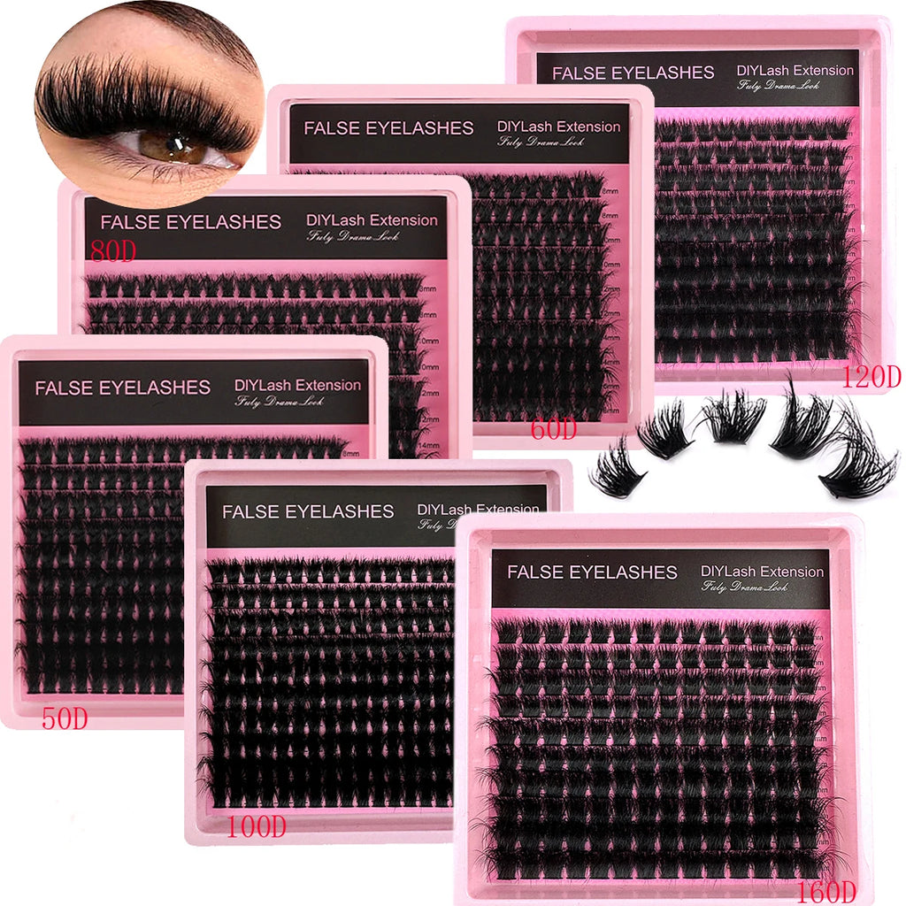 50D-160D 8D Luxury Fluffy DIY Cluster Lashes - 8-16mm Mixed Length Eyelash Extension 0.07mm Russian D Curl Thick And Reusable