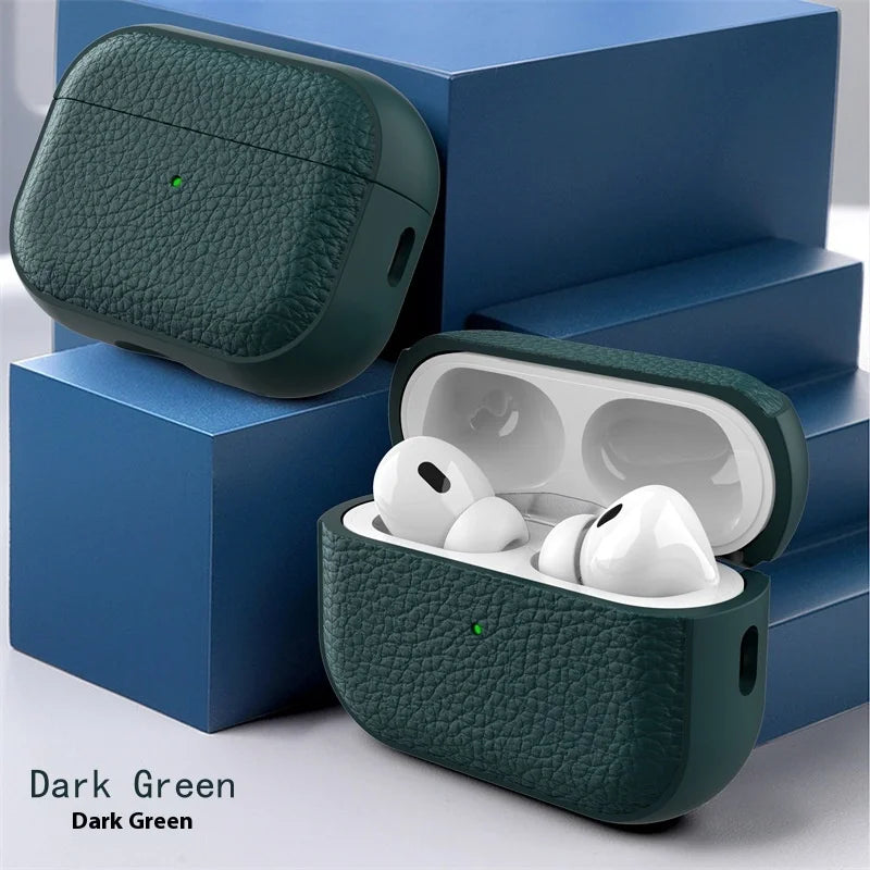 For Airpods Pro3 Case Luxury Lychee Leather Business Earphone Case with Hook Strap Headphone Cover For Apple AirPods 4 3 2 1 Pro