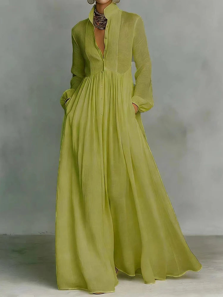 Elegant Stand Collar Long Sleeve Party Dress, Women 2026 New Spring Solid Casual Dresses, Single Breasted Ladies Pocket Dresses