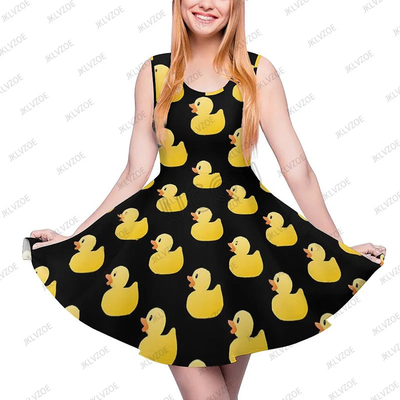 Summer New Fashion Yellow Classic Ducks Graphic Women Sleeveless Dress Kawaii Animal Aesthetic Dresses Female Kawaii Dress