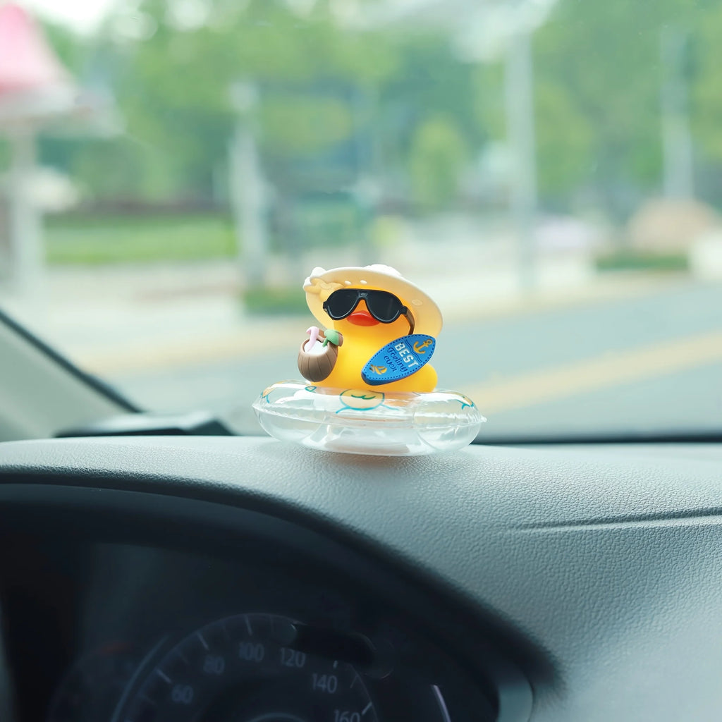 Cool Summer Duck Car Dashboard Decor, Rubber Duck with Swim Ring & Sunglasses, Cute Beach-Themed Ornament for Car Interior Gifts