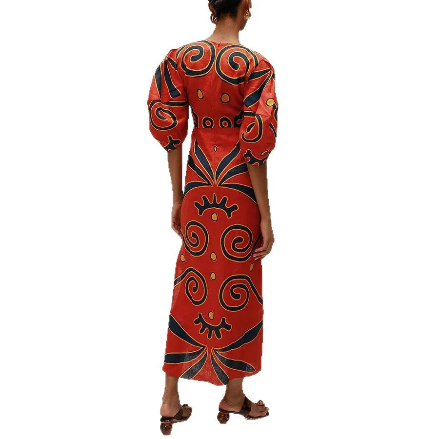 VEITCHE Summer Women Linen Material Long Dresses Fashion Chic Print Sexy V-neck Hollow Out High Waist Party Dress Lady robes