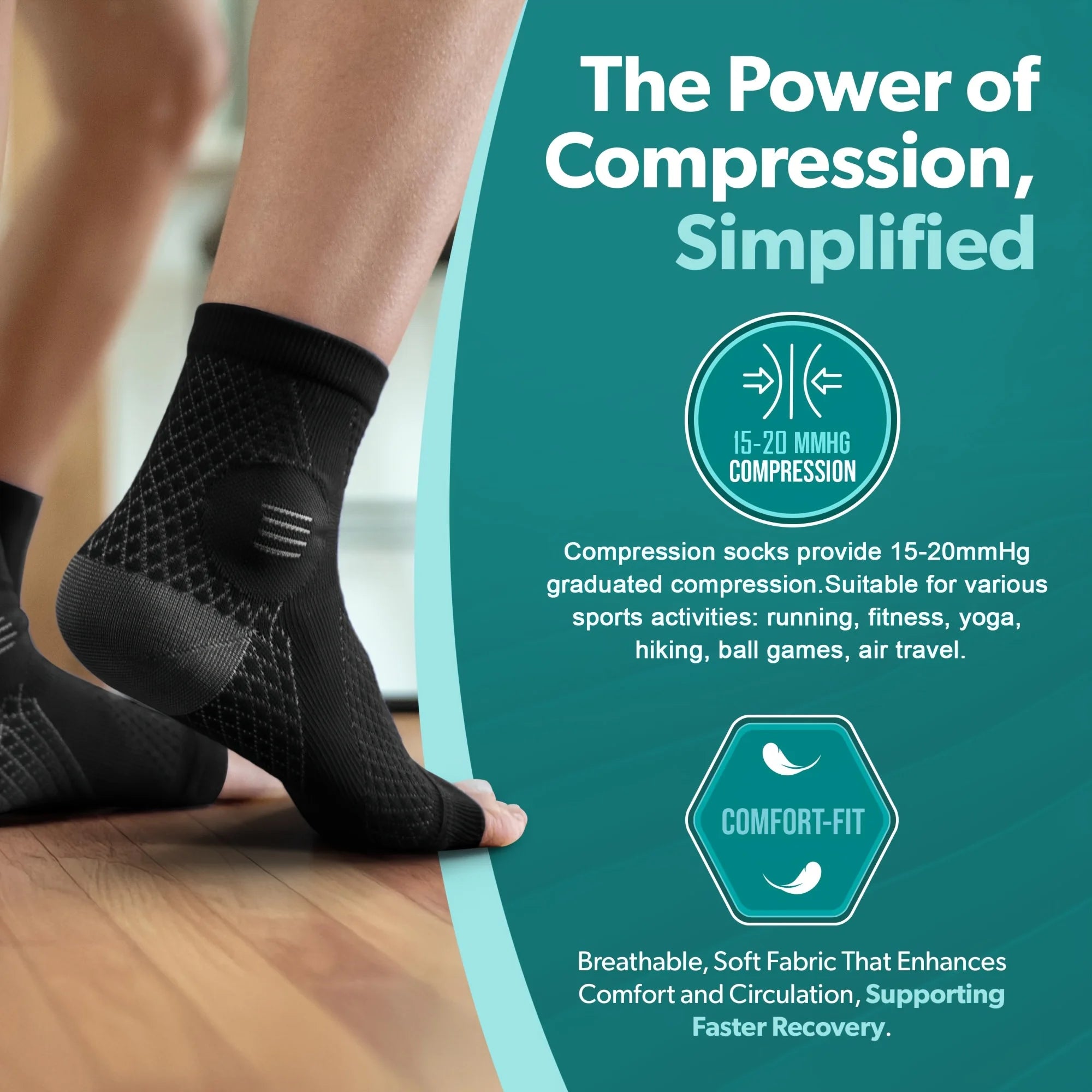 1Pair Ankle Compression Socks,Compression Foot Sleeves with Arch And Ankle Support,Open-Toe Design Neuropathy Socks