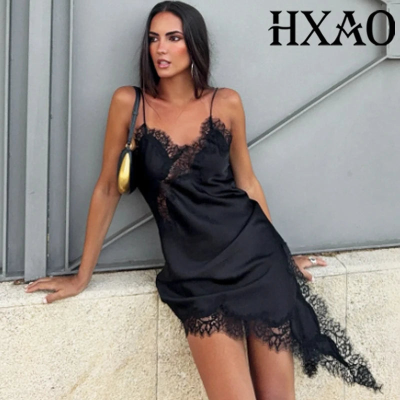 HXAO Slip Womens Dresses Sleeveless Black Lace Dress Woman Asymmetrical Elegant Party Dresses Sexy Backless Satin Yellow Dress