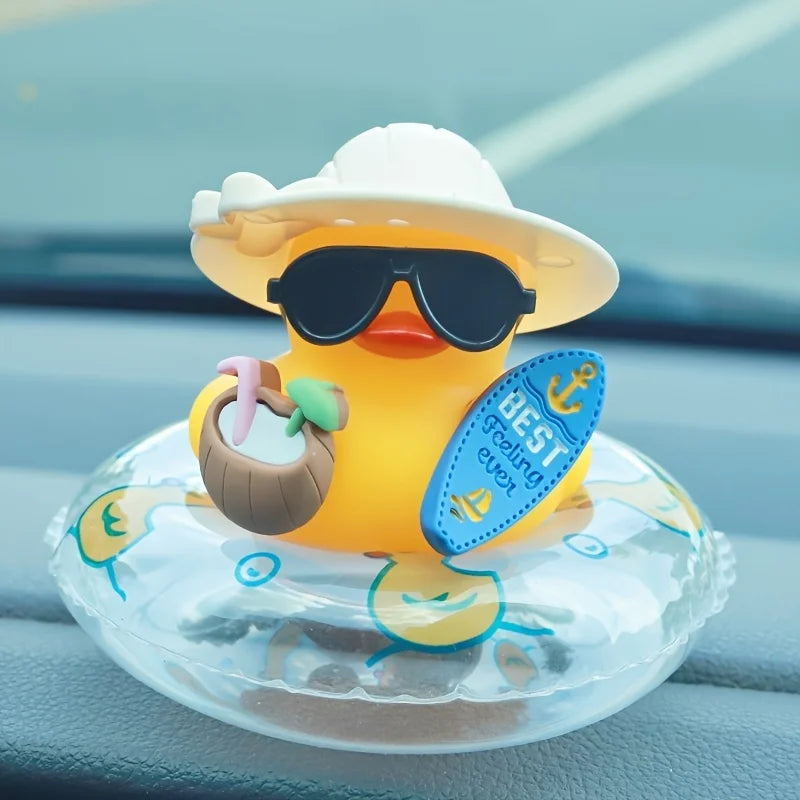 Cool Summer Duck Car Dashboard Decor, Rubber Duck with Swim Ring & Sunglasses, Cute Beach-Themed Ornament for Car Interior Gifts