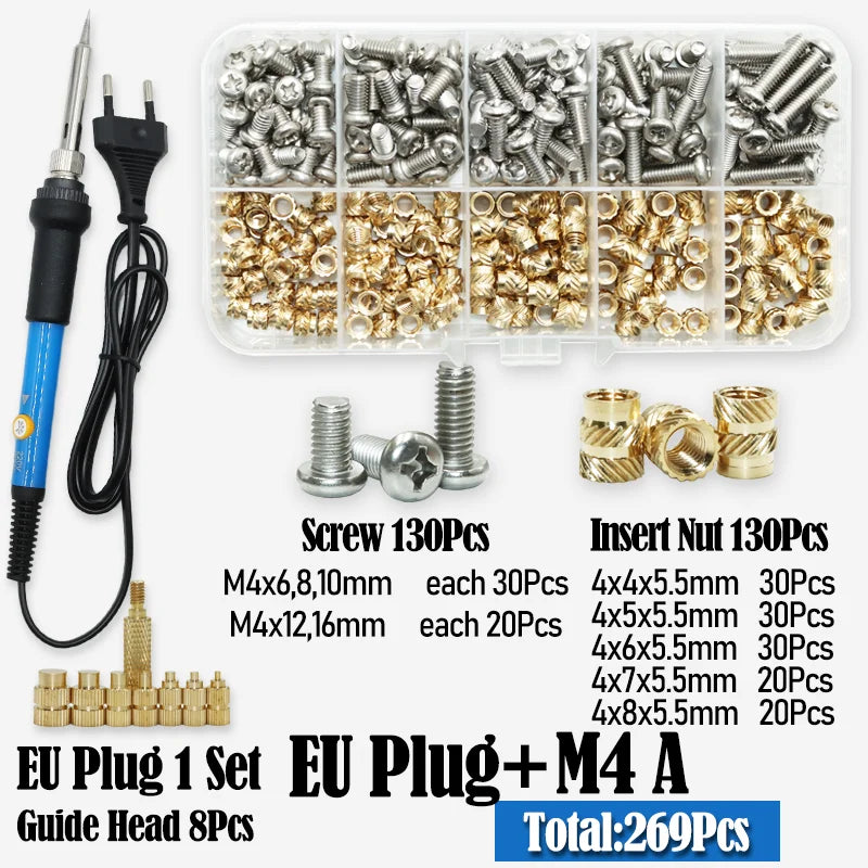 Heat Set Thread Brass Insert Nut and Bolt M2 M3 M4 Soldering Iron Tip Copper Insertion Nut Machine Screw Kit Inserts 3d Printer