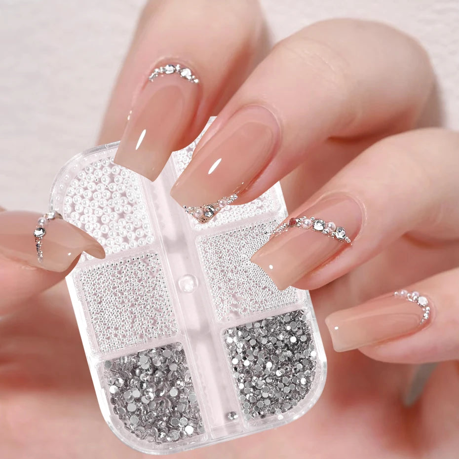 6 Grid 3D Nail Art Rhinestones White Round Pearl Nail Decoration Charm Steel Beads Gem Stones Jewelry Nail Parts Accessories