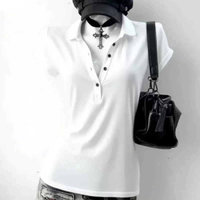 Graphic Harajuku POLO Collar Solid Short Sleeve Women's T-shirts 90s Clothes Vintage Women  Female Trashy Y2k 2000s Tops Gothic