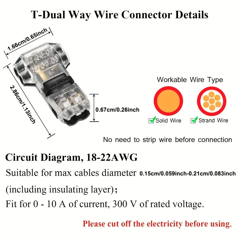 10PCS Wire Connectors Low Voltage Wire Connectors Solid Connection,T Tap Wire Connectors, T Type 2 Pins Wire Splice Connectors