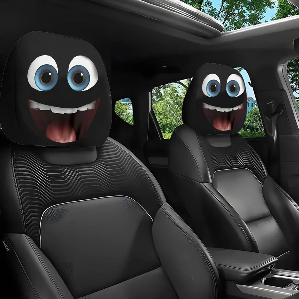 2PCS Funny Slanted Eyes Cartoon Print Car Headrest Cover for Halloween Christmas Holiday Automobile Interior Decoration