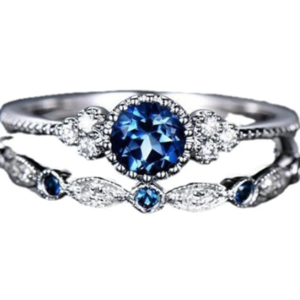 2 PCs Silver-Color Vintage Blue Zircon Ring For Women Fashion Classic Wedding Purple Pattern Ring Jewelry Set Gift