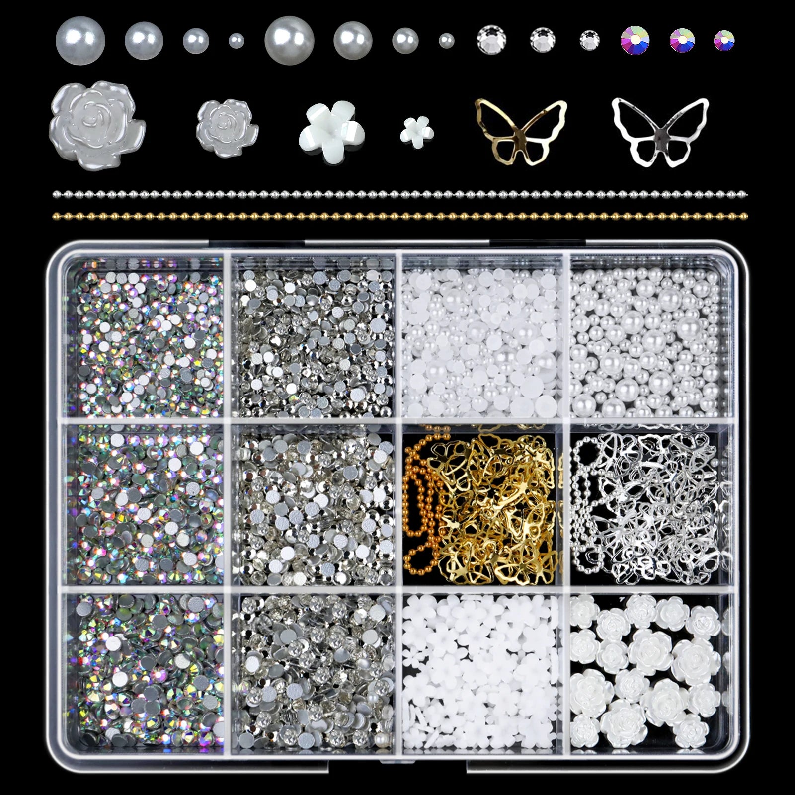 12 Grid Mixed 3D Color Resin Bow Pearl Heart Flat Back Diamond Nail Art Decoration Suitable for Acrylic Nails DIY Nail Art