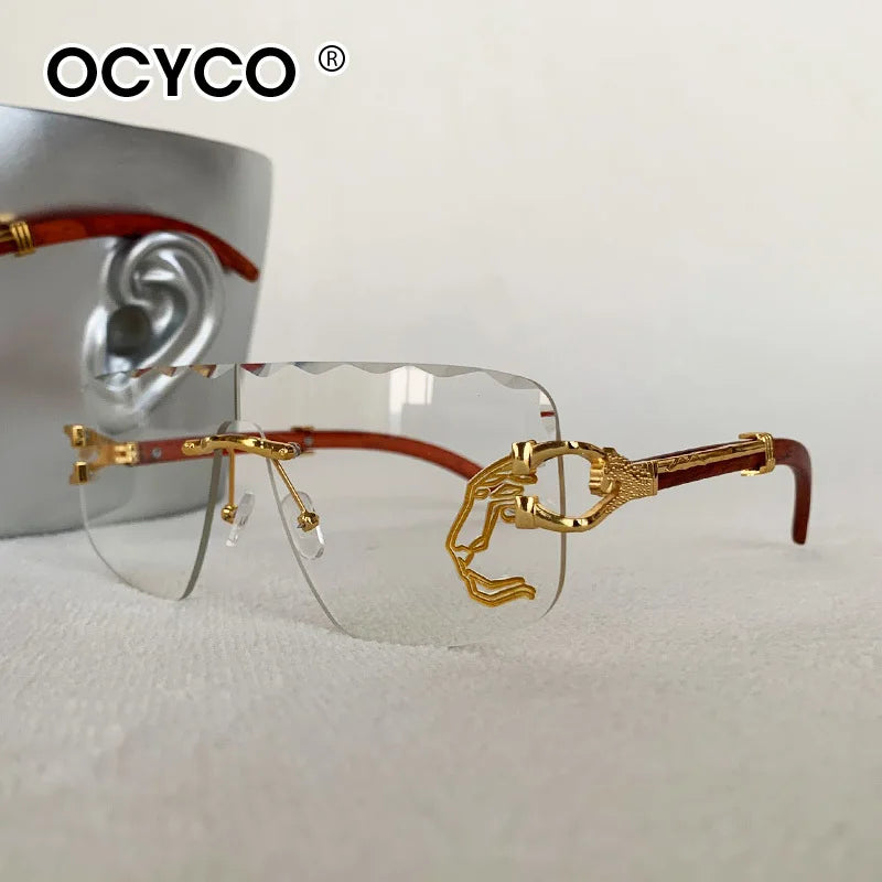 Trend Golden Lion Decoration Rimless Sunglass for Men Luxury Brand Designer Vintage Square Eyewear UV400 Outdoor Cycling Shades