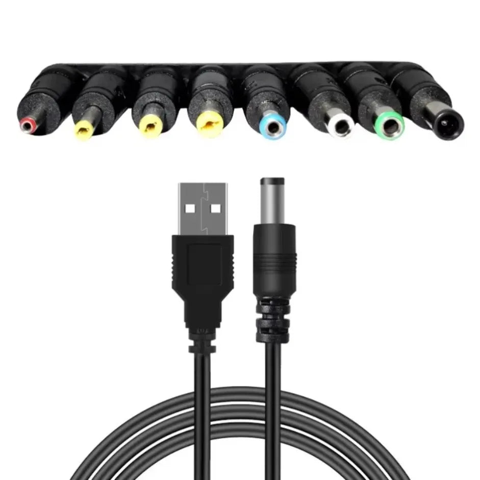 Universal Power Cable USB to DC 5.5 * 2.1mm Jack 5V Charging Cord with 8 Selectable Connector Tips for CCTV Cameras TV Box