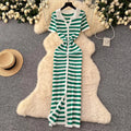 YuooMuoo Chic Fashion Sexy Wrap Hips Knitted Maxi Dress 2026 Summer Women Single-breasted Stripes Sweater Dress Streetwear Robes